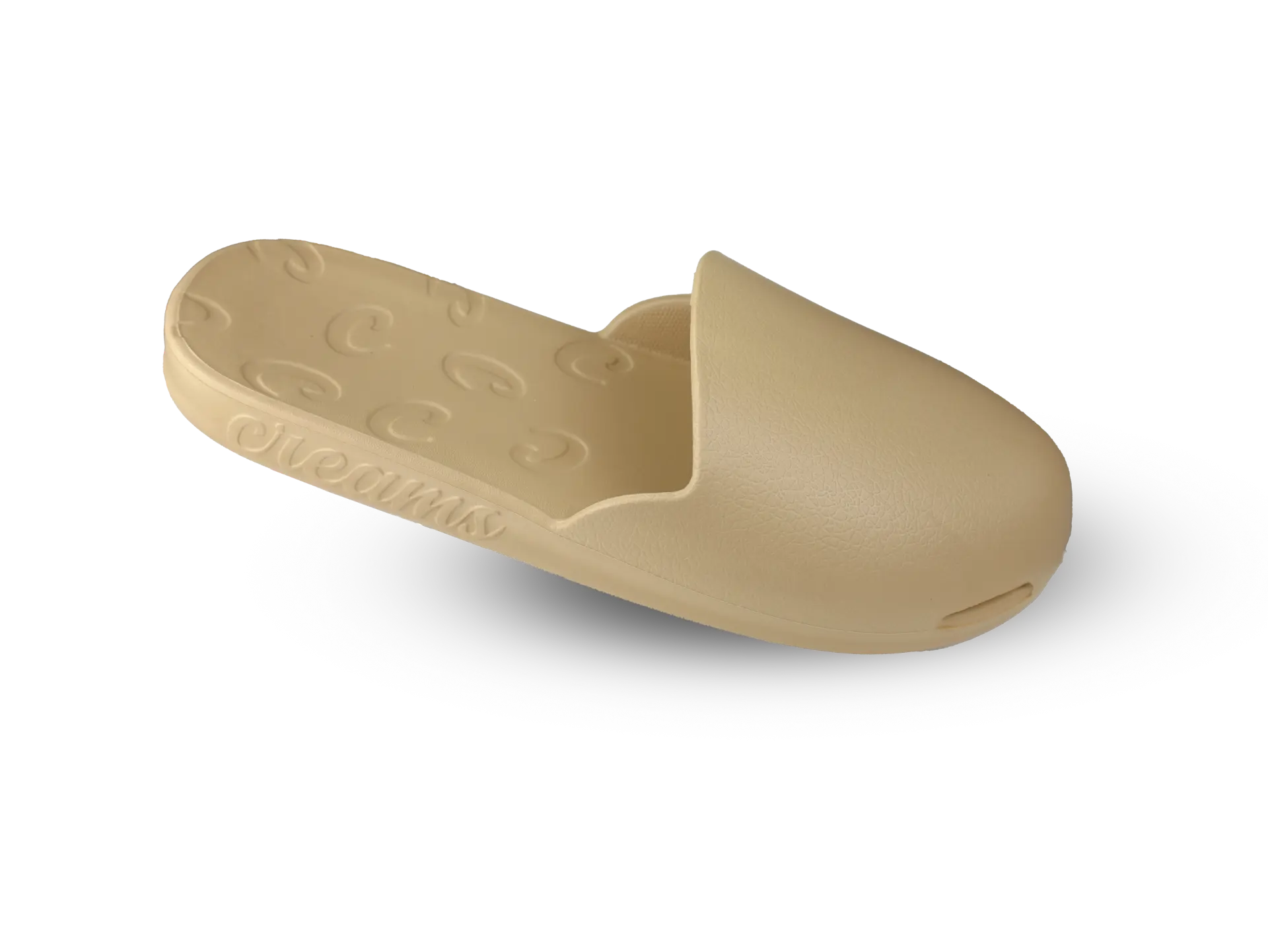 Tan Creams closed-toe slide, angled view