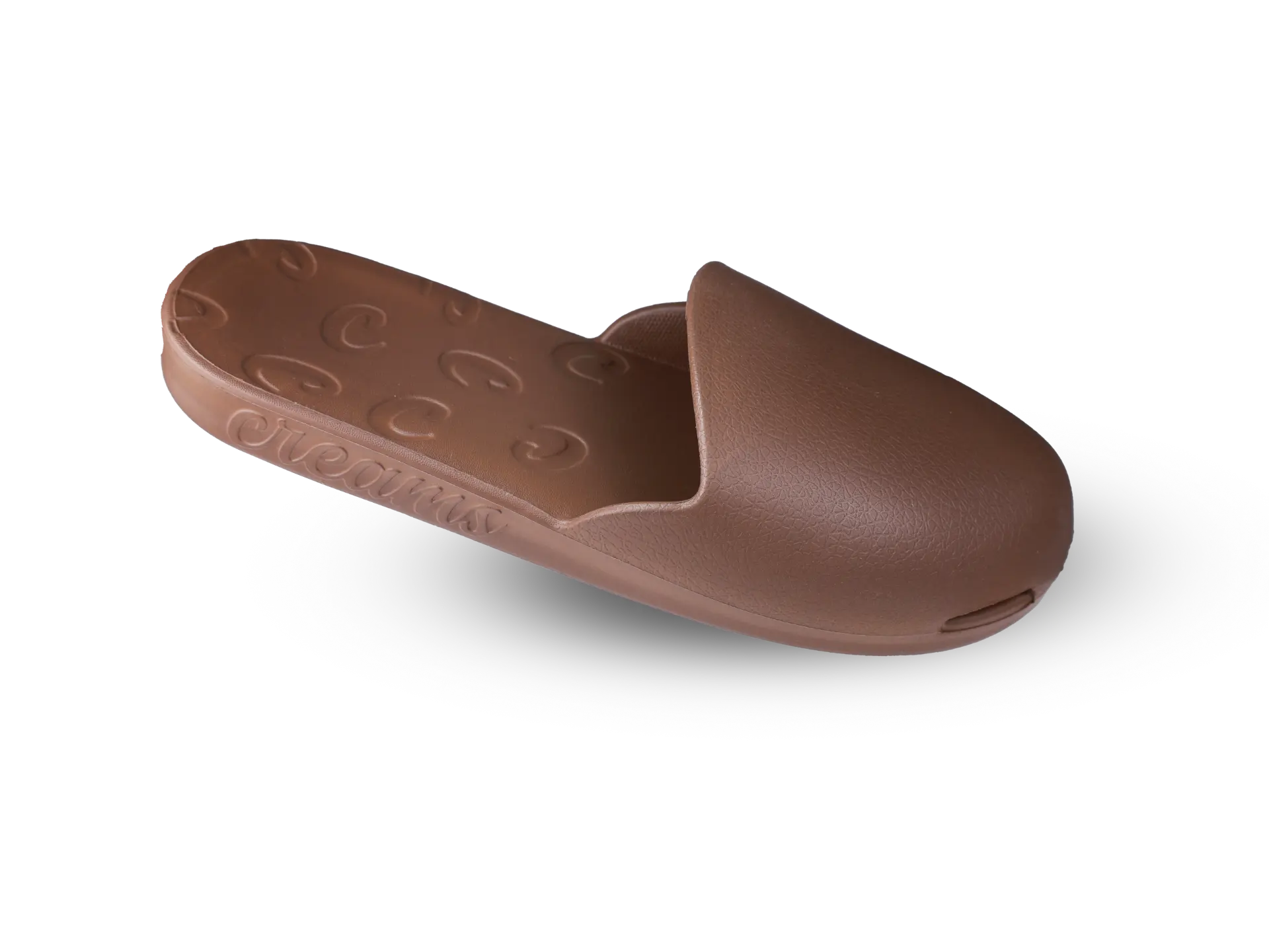 Brown Creams closed-toe slide, angled view