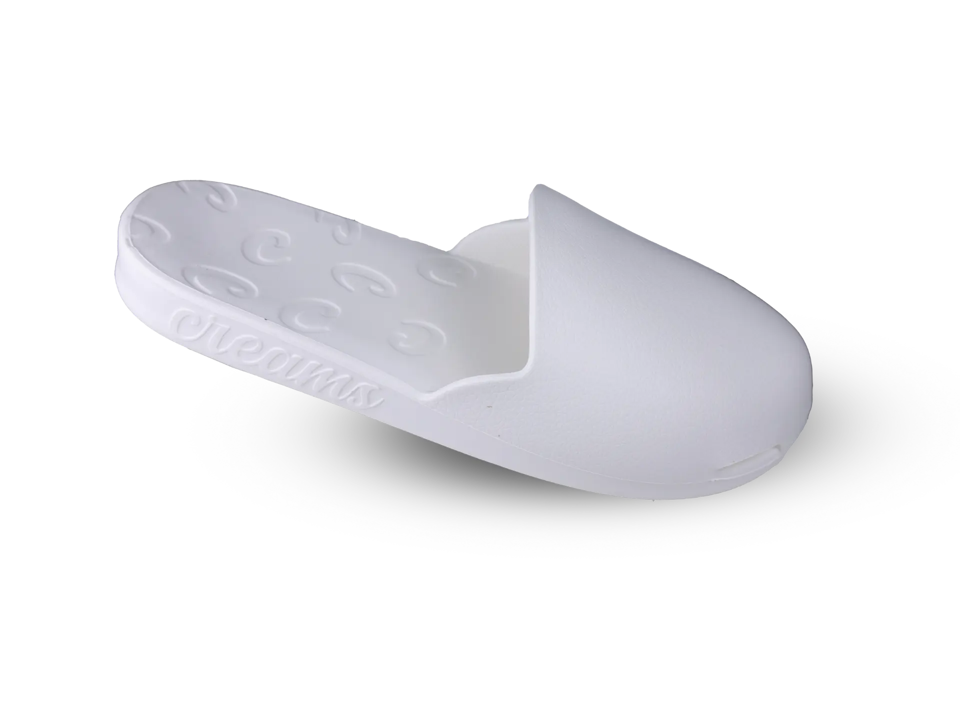 White Creams closed-toe slide, angled view